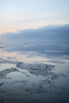 Dreamy Blue Hour Tidal Flats With Soft Pink Clouds Reflecting On Wet Mudflat Surface